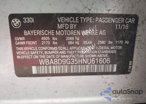 2017 BMW 330I xDrive из США, поврежденный, VIN WBA8D9G35HNU61606